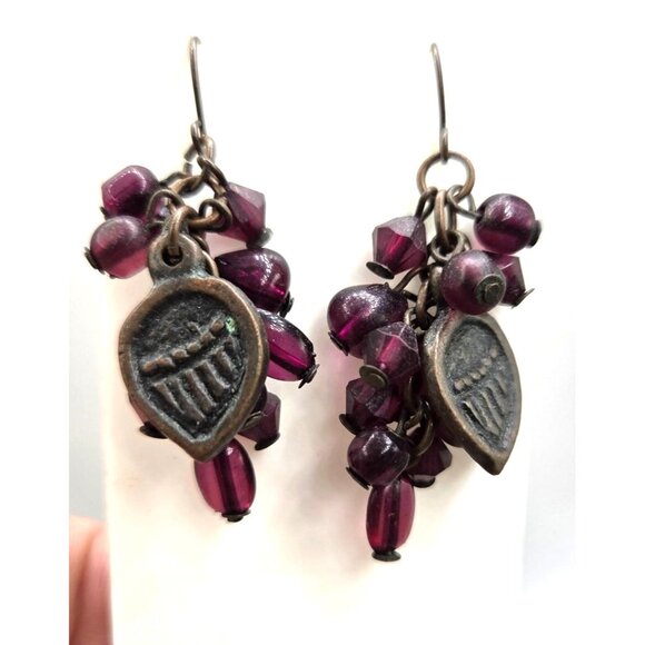 Vintage Burgundy Cluster Dangle Earrings With Metal Design Accent - Picture 1 of 2